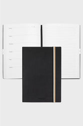 A5 BLACK FAUX-LEATHER NOTEBOOK WITH SIGNATURE-STRIPE STRAP