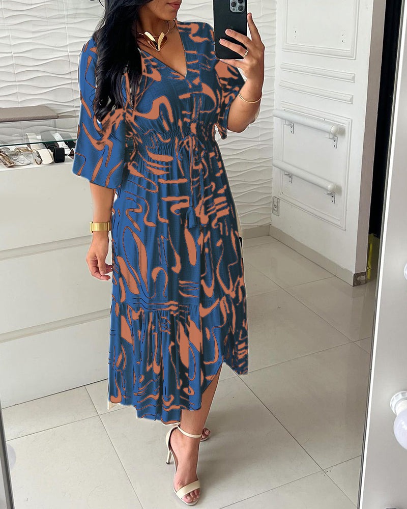 V-Neck Waist Ink Print Dress