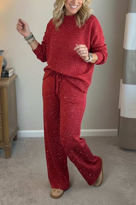 🎄 New Arrivals🔥 Cozy Travel Crew Neck Shiny Sweatshirt and Pant 2 Piece Sets