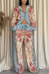 Women's Casual Contrast Print Pants Suit