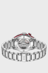 SILVER-TONE AUTOMATIC WATCH WITH RED MONOGRAM-TEXTURED DIAL