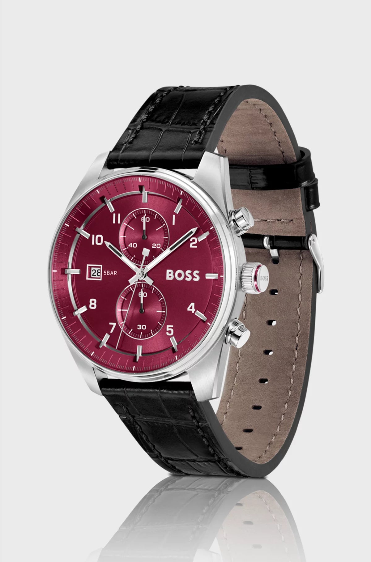 SILVER-TONE CHRONOGRAPH WATCH WITH ALLIGATOR-EMBOSSED LEATHER STRAP