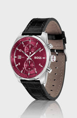 SILVER-TONE CHRONOGRAPH WATCH WITH ALLIGATOR-EMBOSSED LEATHER STRAP
