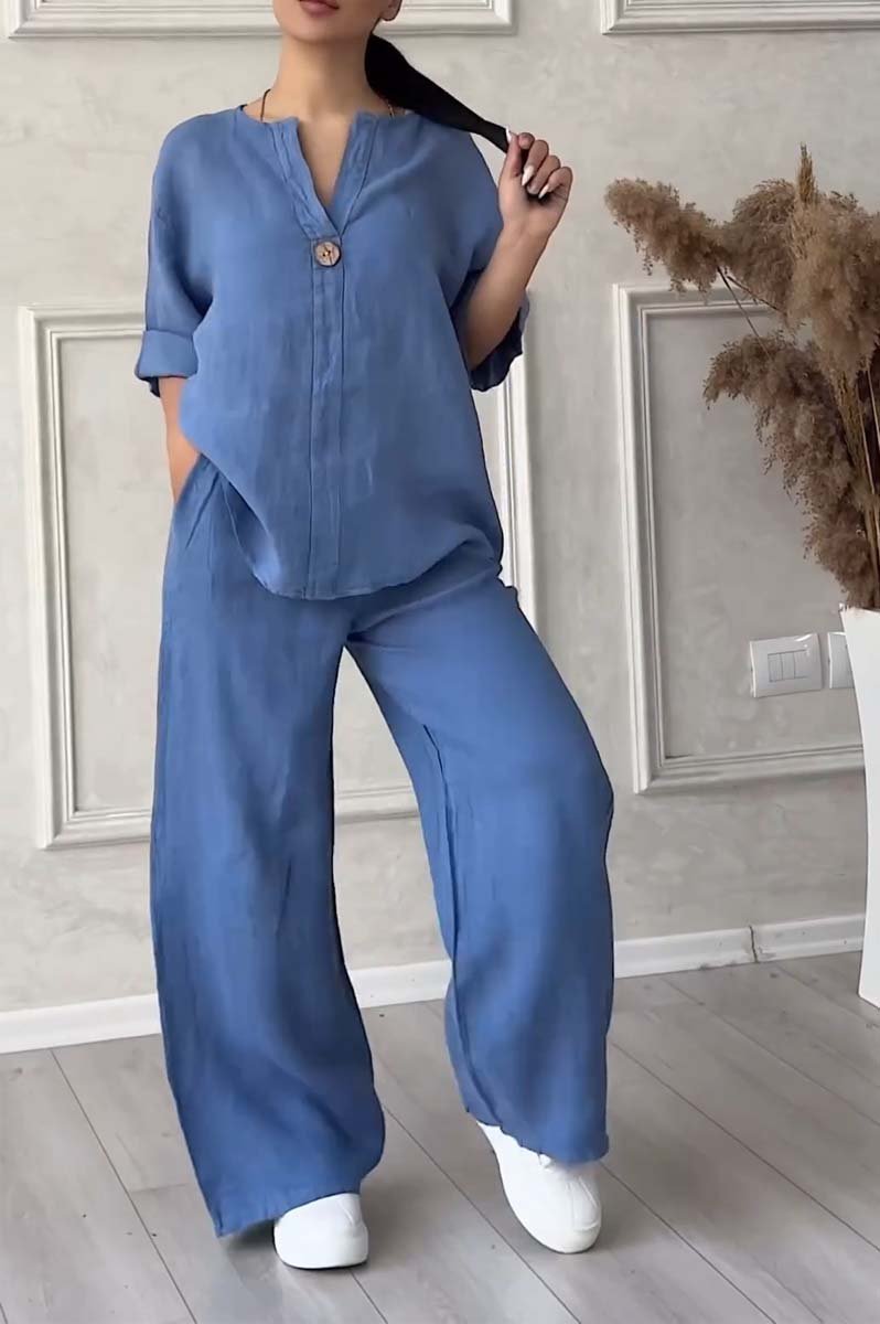Women Casual button decorated cotton and linen two-piece set